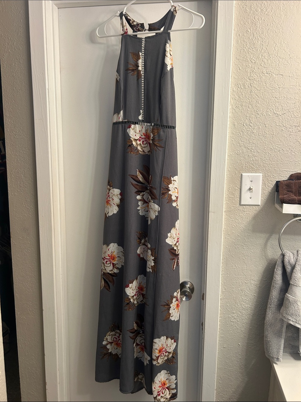 Gray Floral Halter Maxi Dress with Contrast Trim